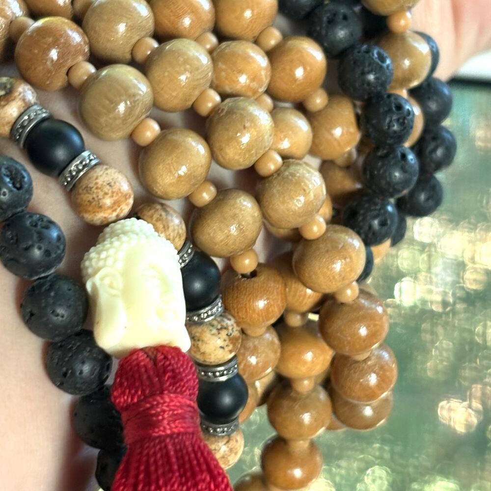 Buddha Mala Necklace Lava Stone Red Tassel with Separate Wooden Bead Necklace - Picture 8 of 15